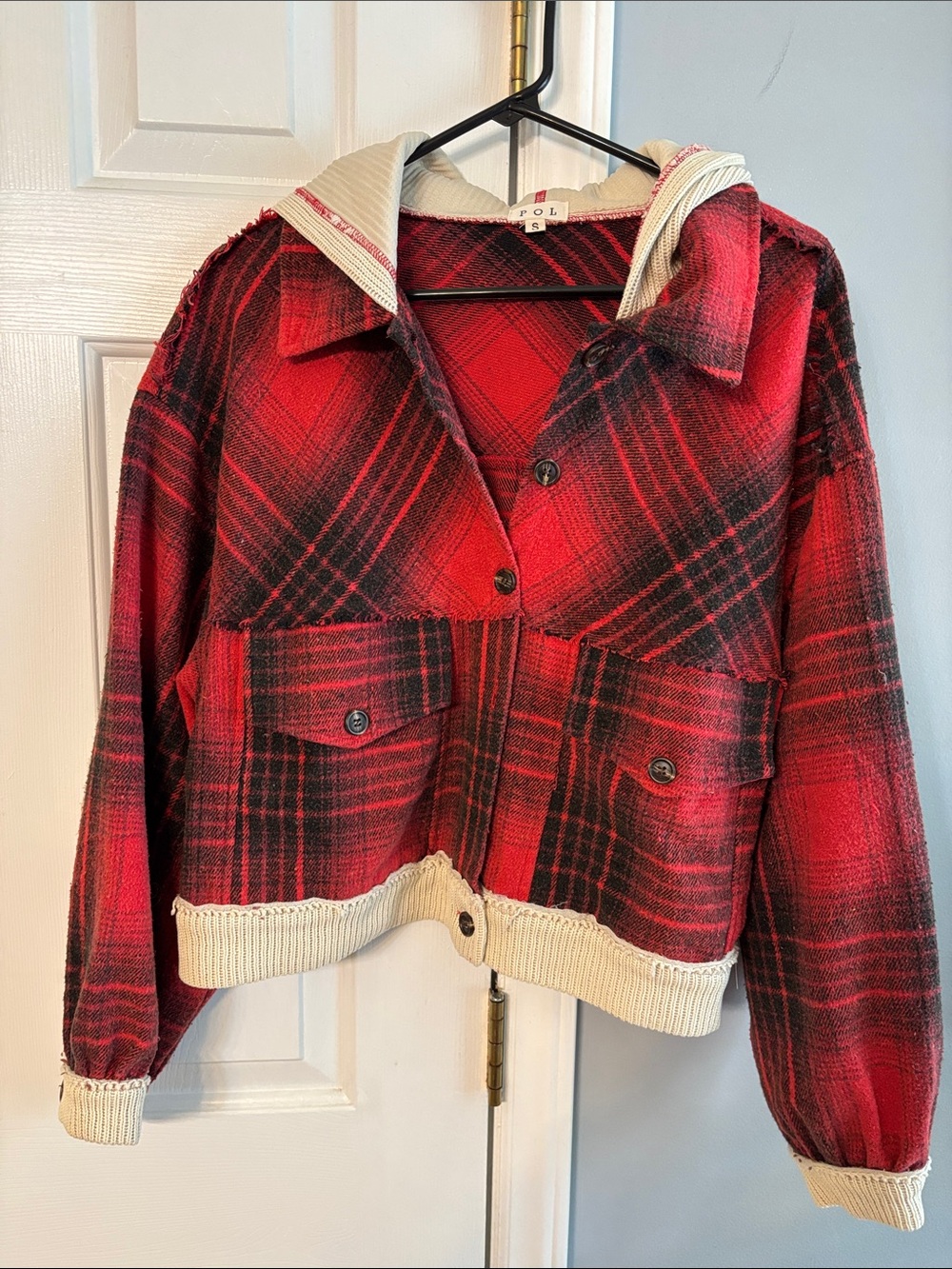 POL Red and Black Plaid Hooded Kids Jean Jacket with Cream Trim